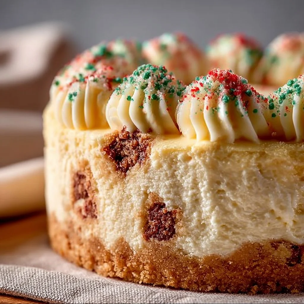 Delicious Sugar Cookie Cheesecake topped with festive sprinkles