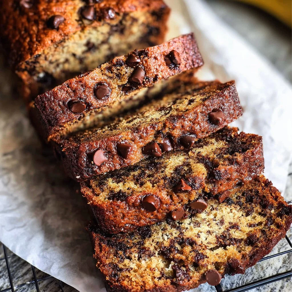Super moist chocolate chip banana bread fresh out of the oven