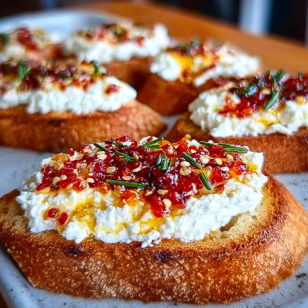 Delicious sweet and spicy whipped feta crostini topped with herbs and peppers