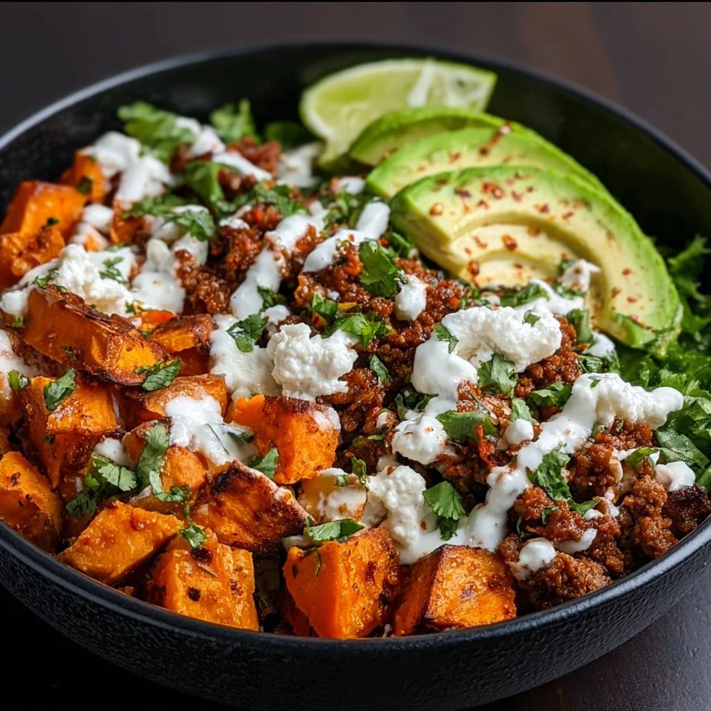 A vibrant sweet potato taco bowl topped with fresh veggies and avocado.