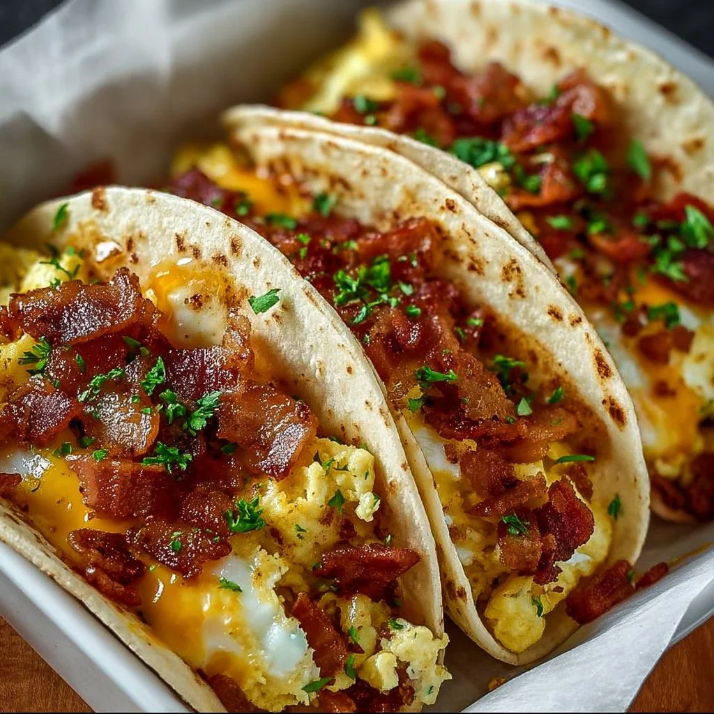Tasty baked breakfast tacos served on a plate with fresh toppings