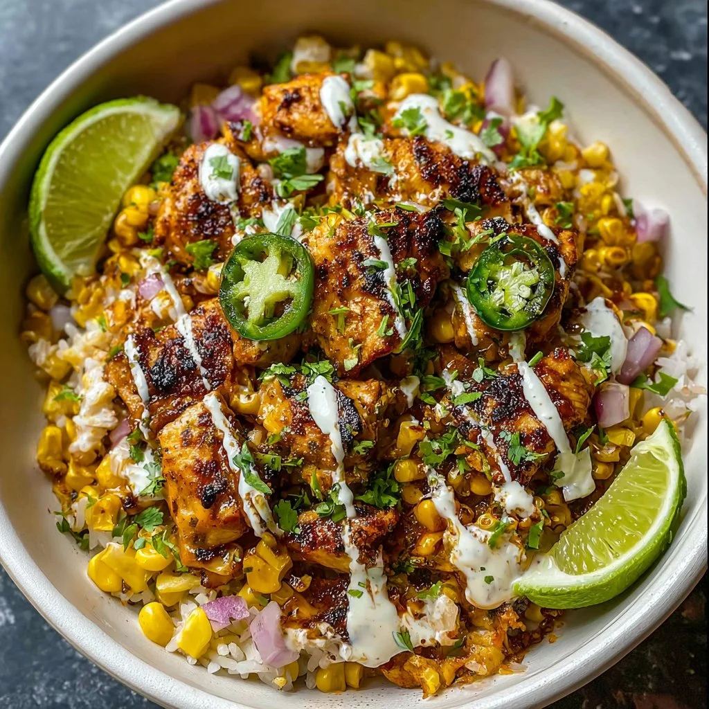 Delicious street corn chicken bowl topped with fresh ingredients and spices