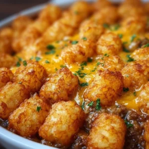 Delicious Tater Tot Casserole topped with golden tater tots and melted cheese