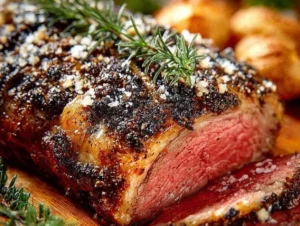 Perfectly cooked prime rib served on a wooden board with herbs and spices