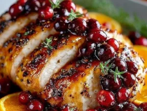 Juicy turkey breast glazed with cranberry and orange, perfect for festive meals.