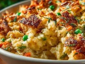 A savory turkey stuffing casserole topped with herbs and spices, perfect for dinner.