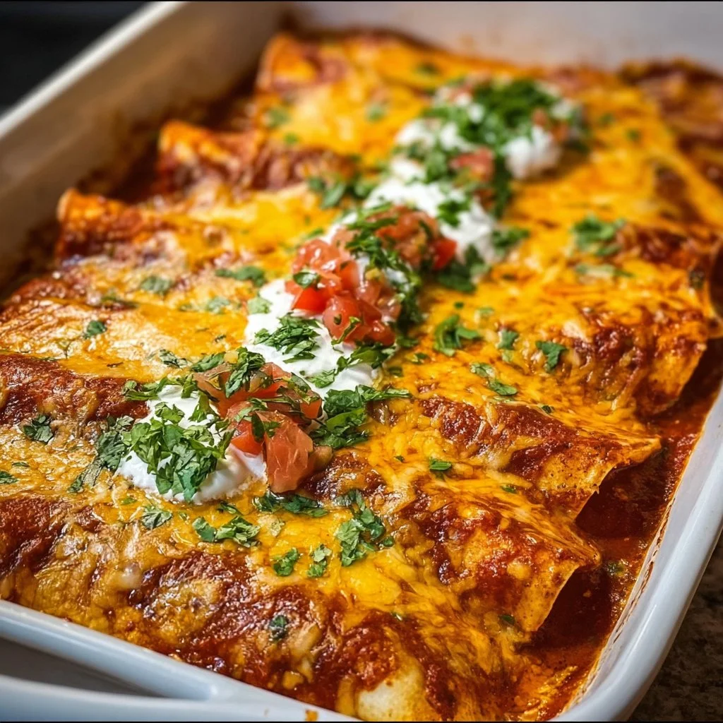 Delicious chicken enchiladas served with toppings and fresh ingredients