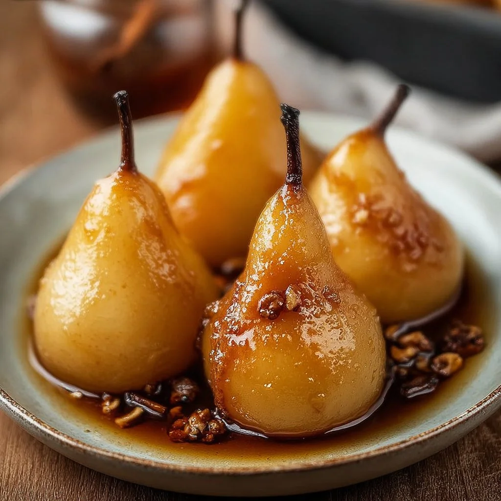 Vanilla Bourbon Poached Pears served elegantly on a dessert plate
