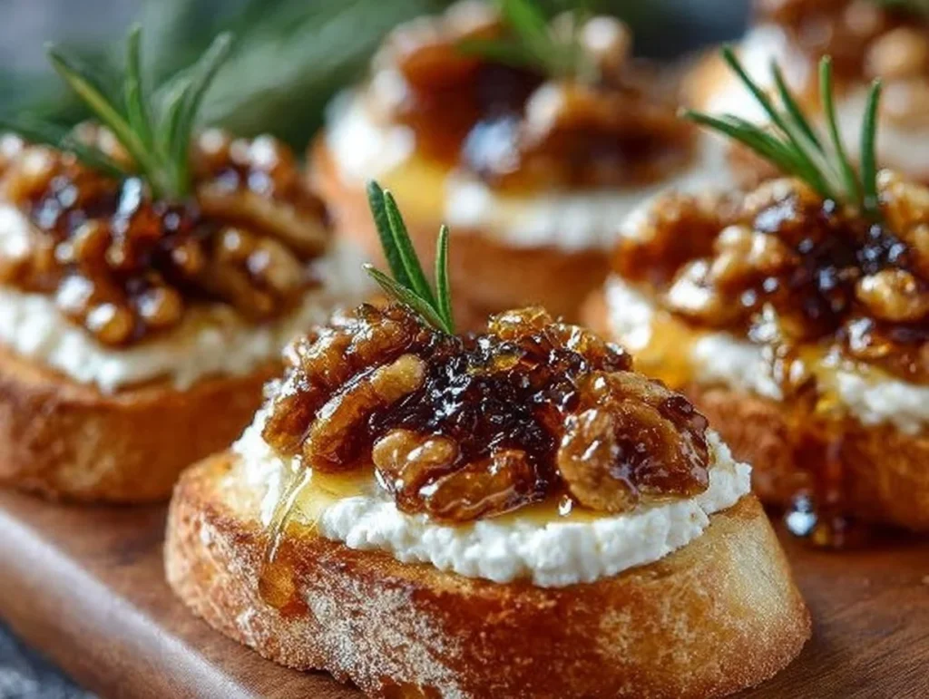 Whipped feta crostini drizzled with hot honey, topped with herbs.
