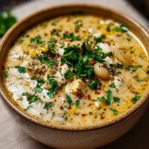 Delicious bowl of White Chicken Chili with Roasted Garlic topped with cilantro