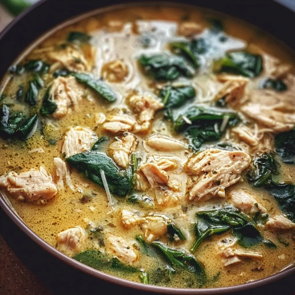 Delicious white chicken chili with spinach served in a bowl