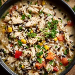 Delicious bowl of white chicken chili with wild rice, topped with fresh herbs