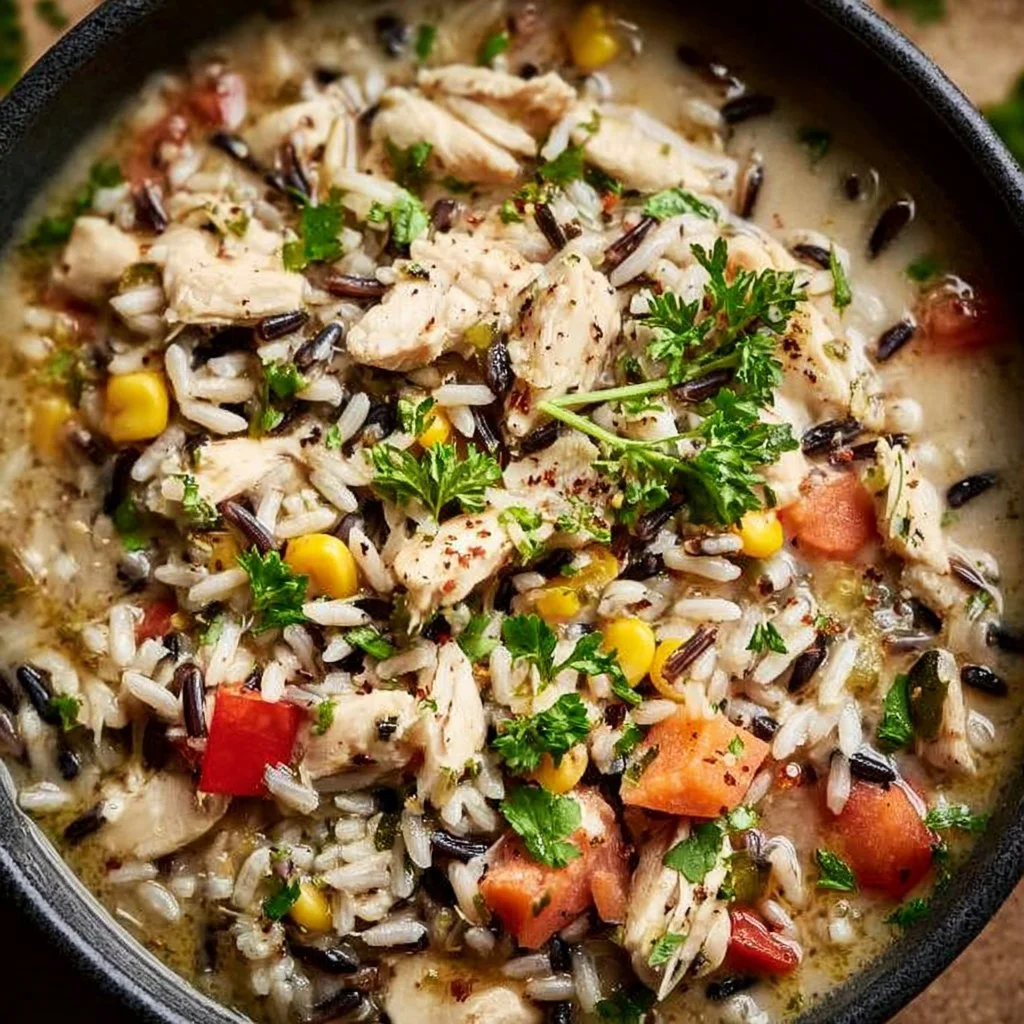 Delicious bowl of white chicken chili with wild rice, topped with fresh herbs