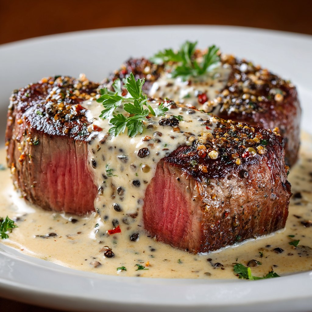 Filet Mignon with Creamy Peppercorn Sauce