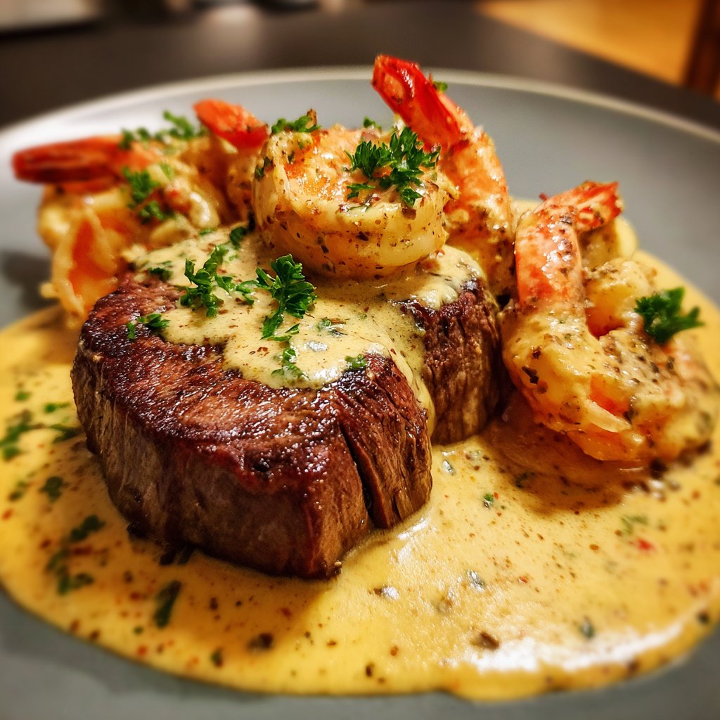 Filet Mignon with Shrimp and Lobster Cream Sauce