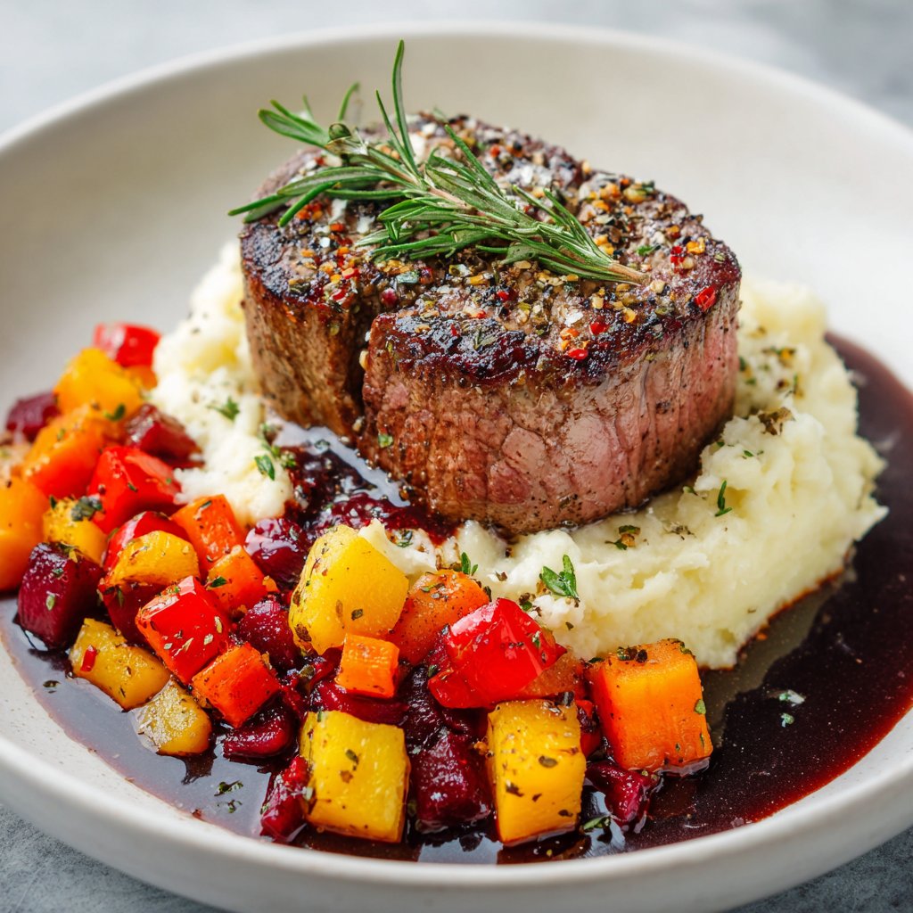 Herb-Crusted Filet Mignon with Red Wine Reduction and Root Vegetables on Creamy Mashed Potatoes