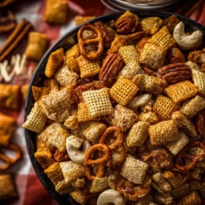 Bowl of homemade Apple Cinnamon Chex Mix with crunchy cereal and apple slices