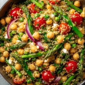 Colorful Asparagus Chickpea Quinoa Salad in a bowl, loaded with fresh vegetables