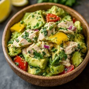 Delicious avocado tuna salad with fresh ingredients