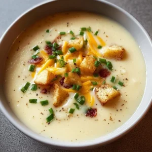 Baked potato soup garnished with cheese and chives in a bowl