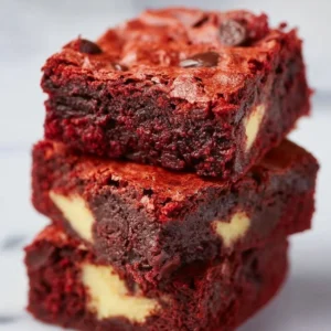 Delicious homemade red velvet brownies topped with cream cheese frosting