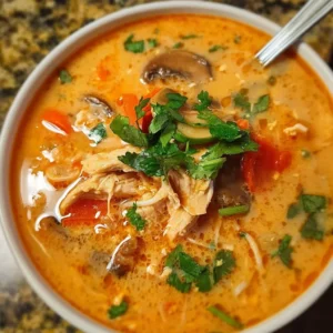 Bowl of Thai Chicken Soup garnished with herbs and spices, ready to be enjoyed.