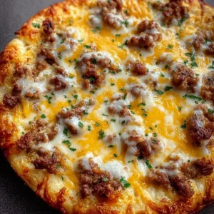 Delicious breakfast biscuit pizza topped with eggs, cheese, and bacon.