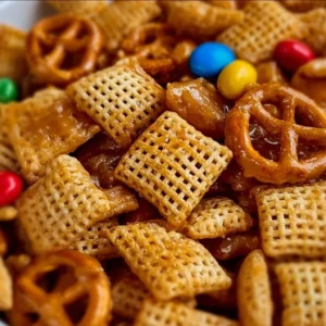 Delicious buttery salted caramel Chex mix in a bowl ready to enjoy