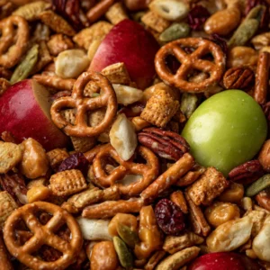 Delicious caramel apple fall snack mix with nuts and apple pieces