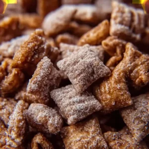 Bowl of caramel apple puppy chow snacks with apple pieces and caramel drizzle