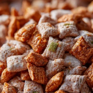 Bowl of caramel apple puppy chow with caramel drizzle and apple slices on top
