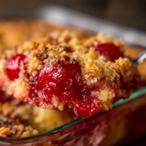 Delicious cherry dump cake topped with whipped cream and cherries.