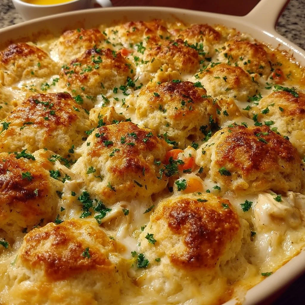 Delicious Chicken Bubble Biscuit Bake Casserole topped with golden biscuits