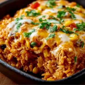 Delicious Chicken Enchilada Rice Casserole served in a ceramic dish