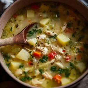 Bowl of creamy Chicken Potato Soup with fresh herbs and vegetables