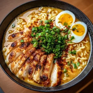 Homemade Chicken Ramen with creamy garlic sauce in a bowl
