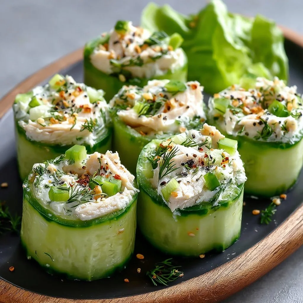 Chicken salad cucumber roll ups recipe served on a platter for a healthy snack.
