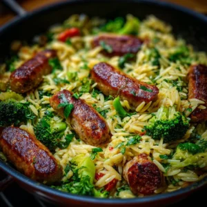 Plate of Chicken Sausage and Broccoli Orzo with fresh ingredients