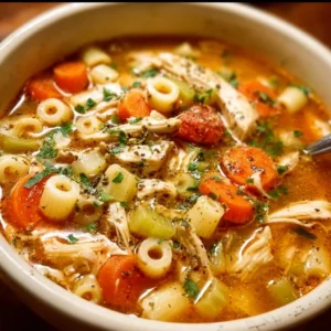 Bowl of homemade chicken soup with vegetables and herbs