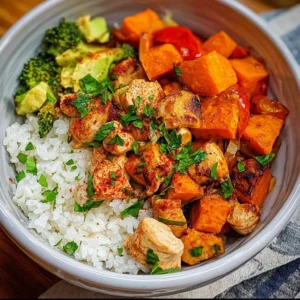 Chicken and sweet potato rice bowl topped with fresh herbs