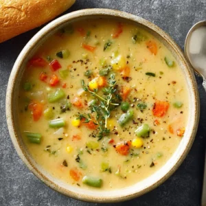 Creamy vegetable soup in a bowl with fresh vegetables garnished on top
