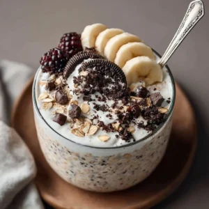 Bowl of Cookies & Cream Overnight Oats with chocolate cookie crumbles