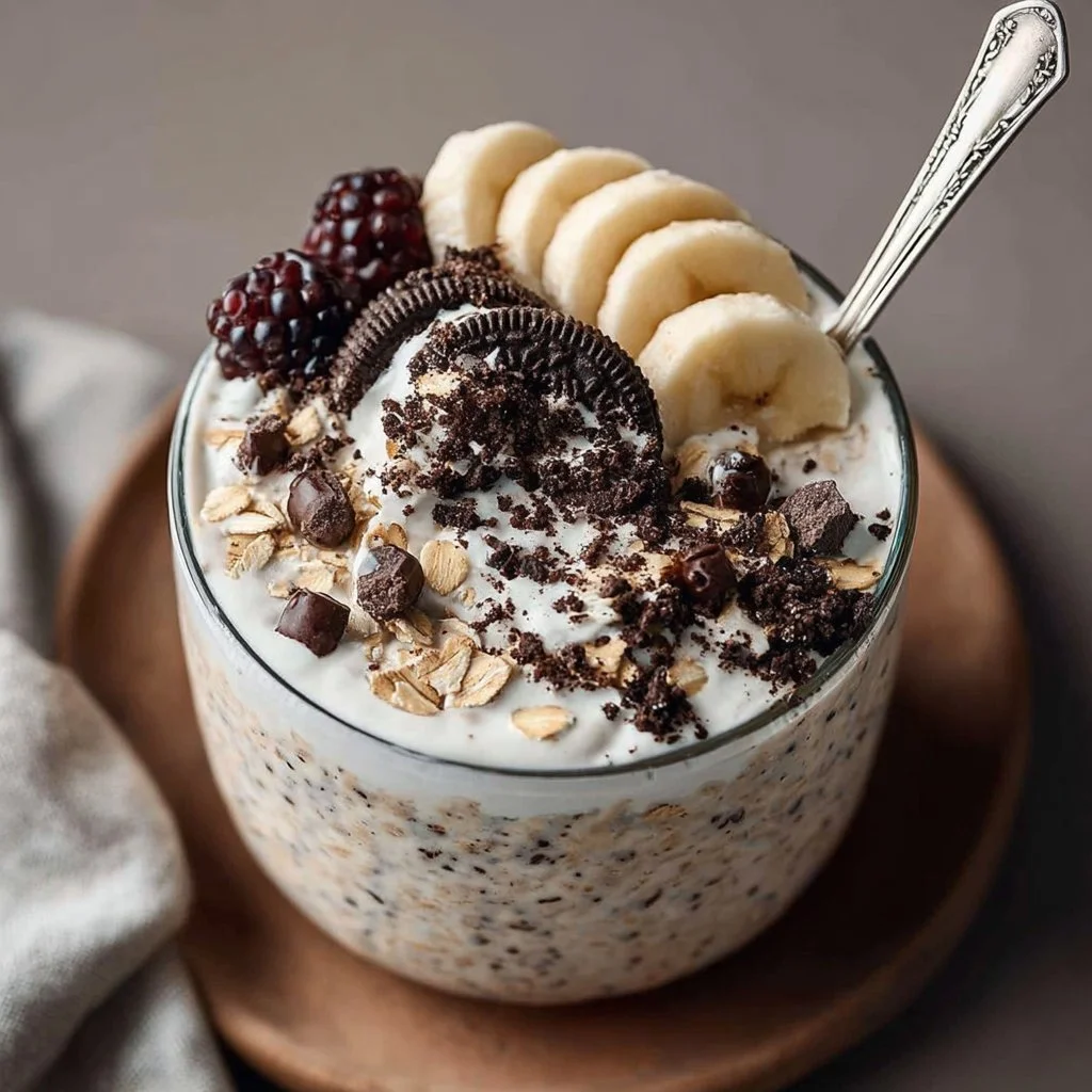 Bowl of Cookies & Cream Overnight Oats with chocolate cookie crumbles