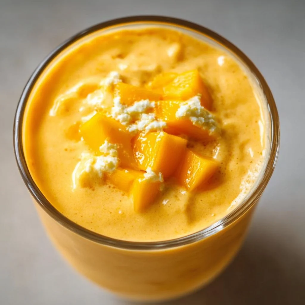 A refreshing Cottage Cheese Mango Smoothie in a glass with mango slices