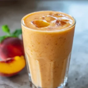 Cottage cheese peach smoothie in a glass, garnished with peach slices and mint.