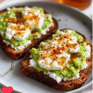 Cottage Cheese Toast topped with avocado and hot honey on a rustic wooden surface.
