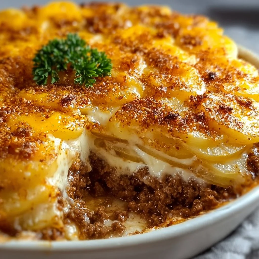 Creamy cheesy potato beef casserole with layers of flavor and texture