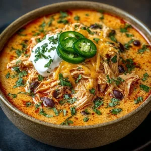 Bowl of creamy chicken enchilada soup topped with cilantro and avocado