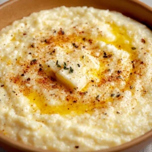 Bowl of creamy Southern grits topped with butter and herbs