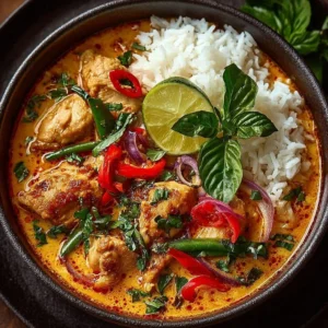 Creamy Thai red curry chicken bowls garnished with fresh herbs and served in a bowl